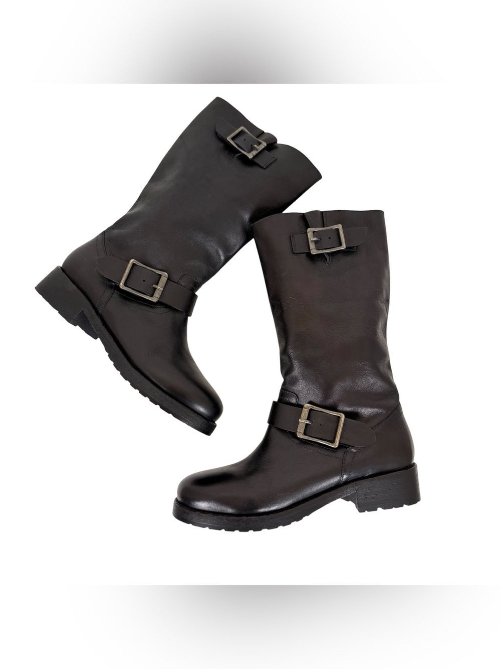 Free People Black Leather Mid-Calf Buckle Heeled Boots - Picture 10 of 14